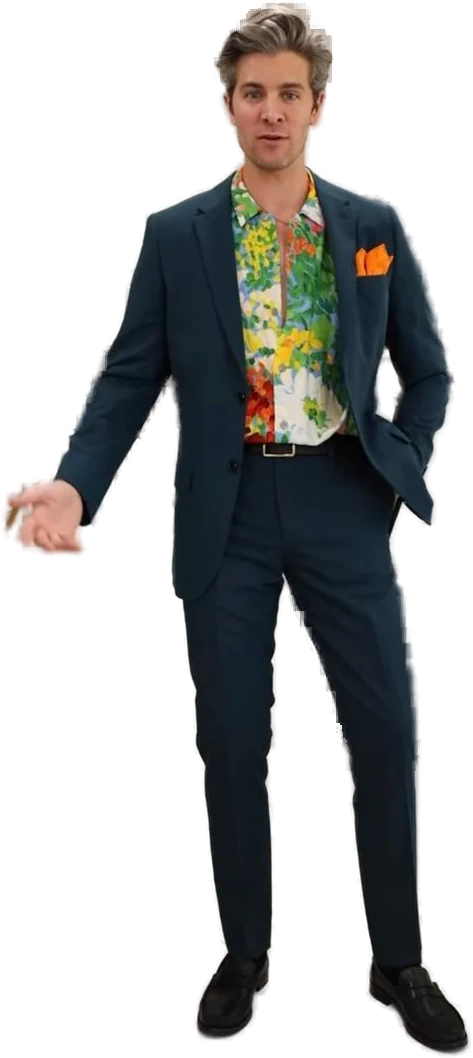 Teal suit with floral shirt