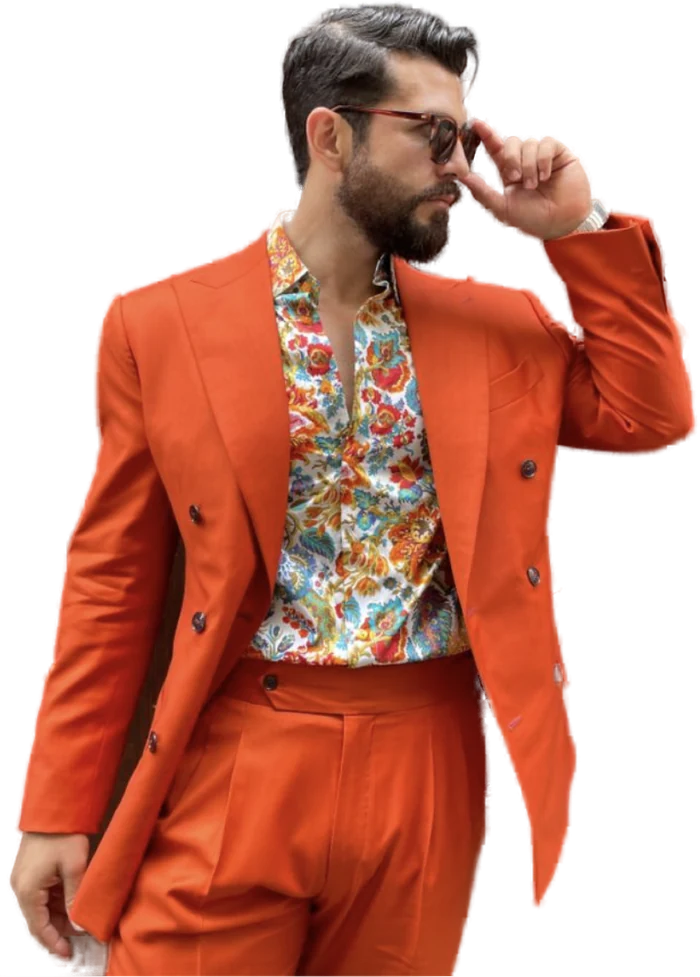 Burnt orange suit with floral shirt