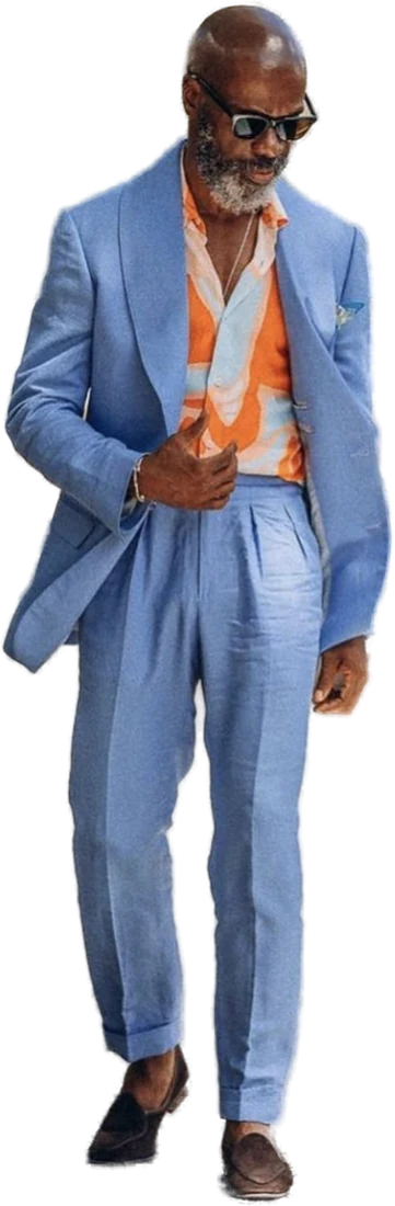 Powder blue suit with orange floral shirt